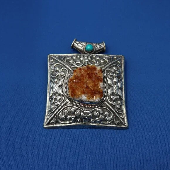 Vintage Nepalese Citrine Druzy and Turquoise Pendant Necklace